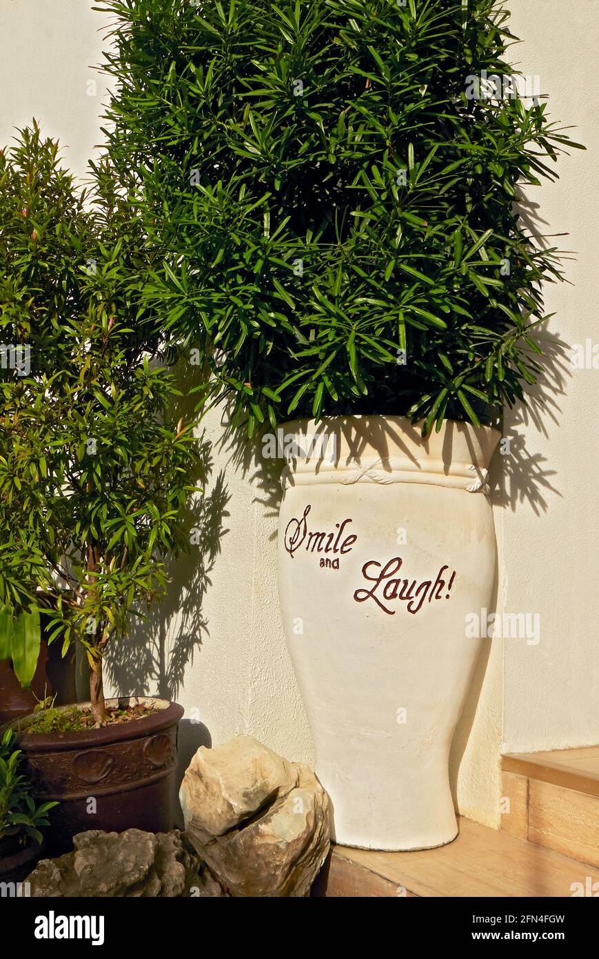 Smile and laugh! written on a clay vase, filled with green plants nicely arranged at an outdoor entrance of a home in warm summer light ambient Stock Photo