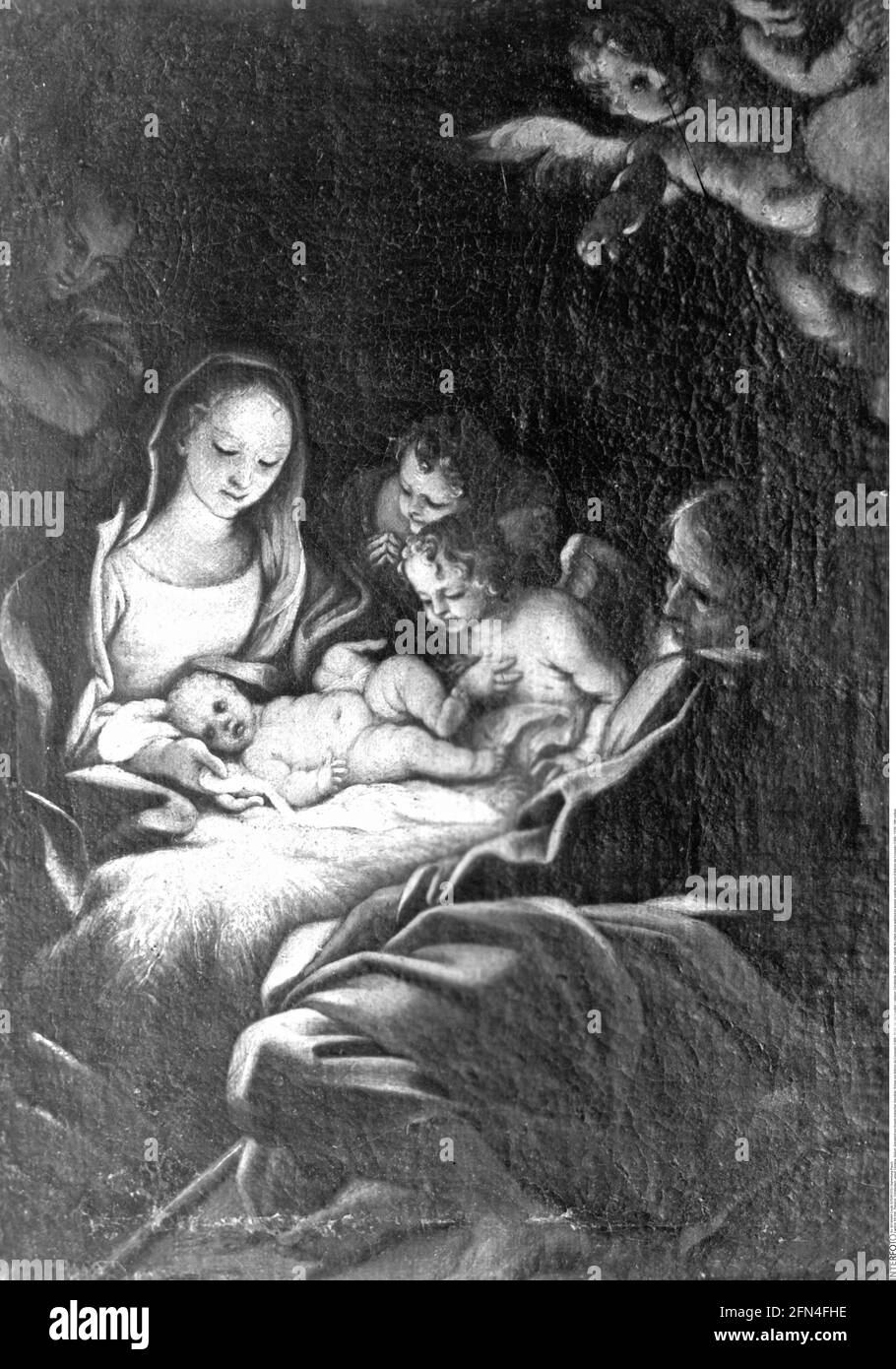 religion, Christianity, Jesus Christ, nativity, the infant Jesus watched by angels, painting, ADDITIONAL-RIGHTS-CLEARANCE-INFO-NOT-AVAILABLE Stock Photo