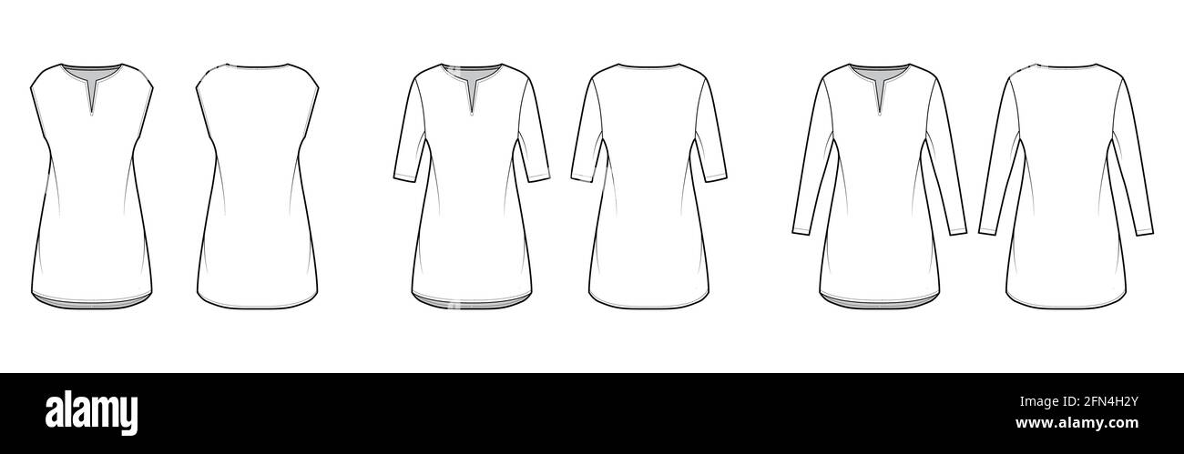 Set of dresses tunic technical fashion illustration with long elbow sleeves, oversized body, mini length skirt, slashed neck. Flat apparel front, back, white color style. Women, men unisex CAD mockup Stock Vector