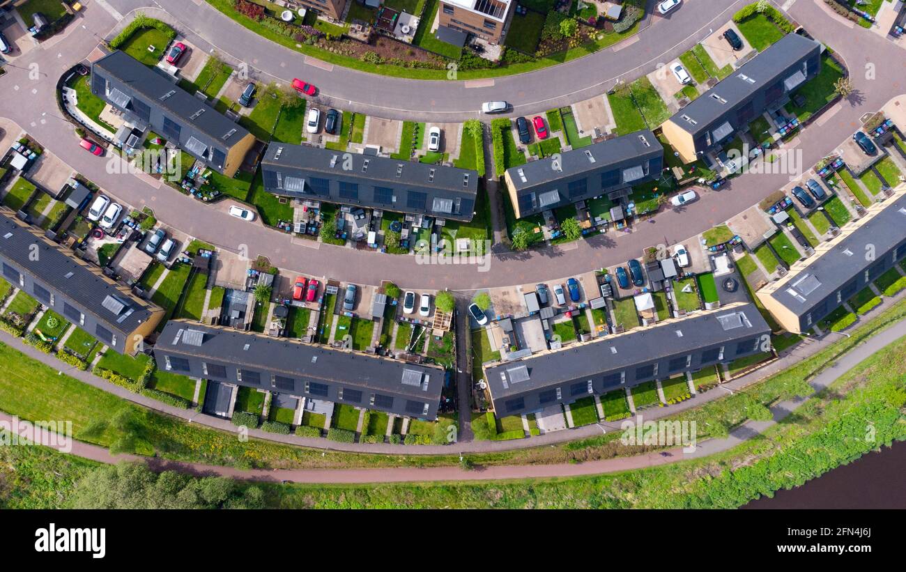 Aerial view of former Athletes Village modern housing development on banks of River Clyde at Dalmarnock, Glasgow, Scotland, UK Stock Photo