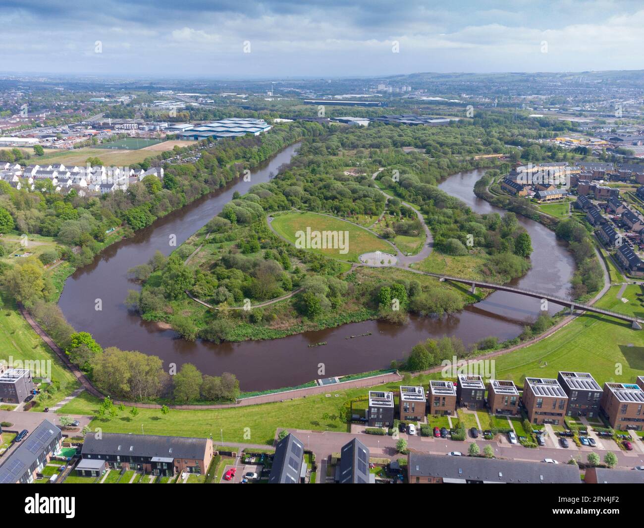 Aerial view of Cuningar Loop public woodland park on banks of River Clyde at Rutherglen, Glasgow, Scotland, UK Stock Photo