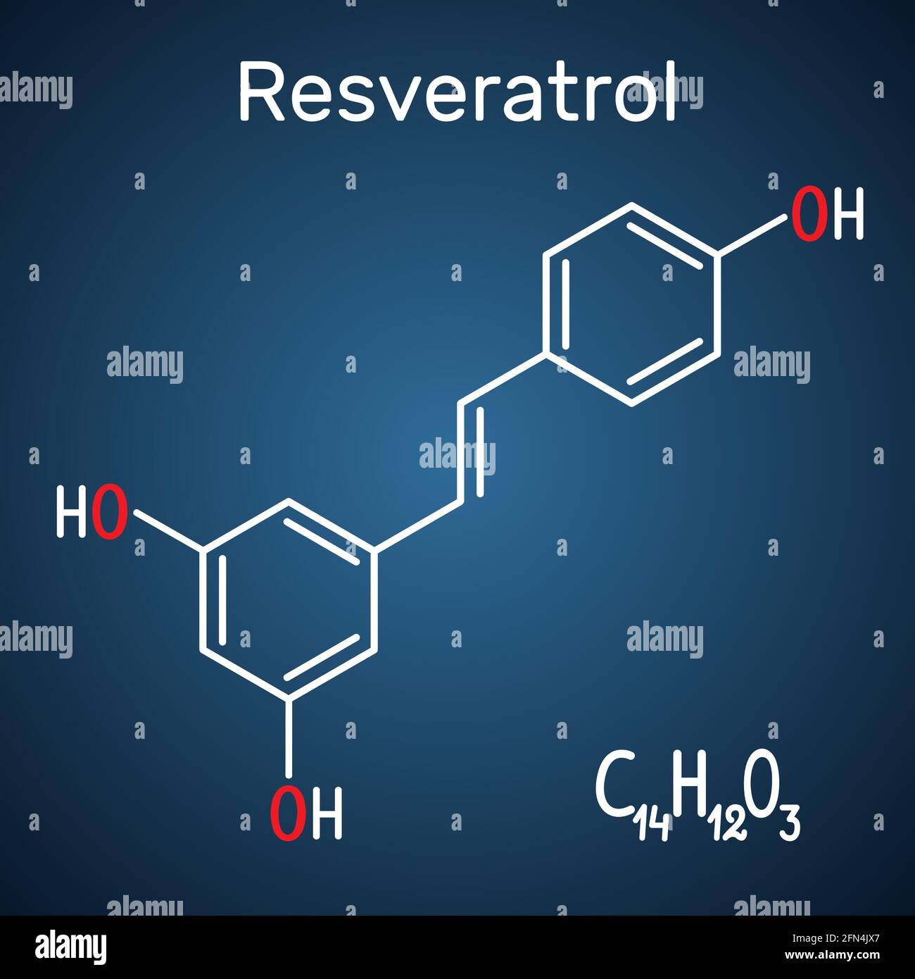 Resveratrol molecule. It is natural phenol, phytoalexin, antioxidant. Structural chemical