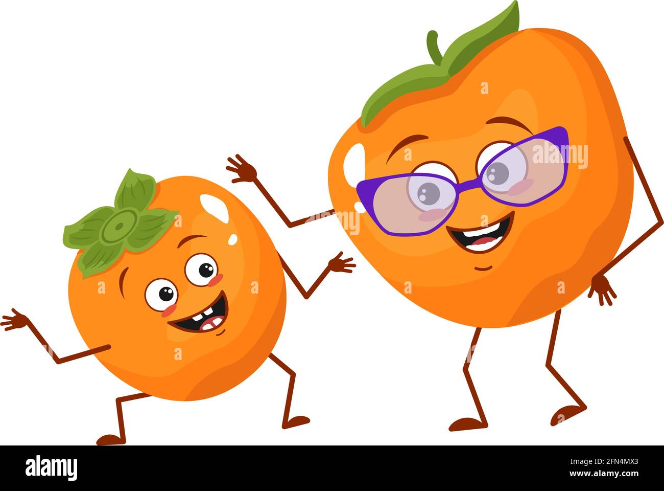 Cute persimmon characters with emotions, face. Funny grandmother with glasses and dancing grandson with arms and legs. The happy hero, fruit with eyes Stock Vector