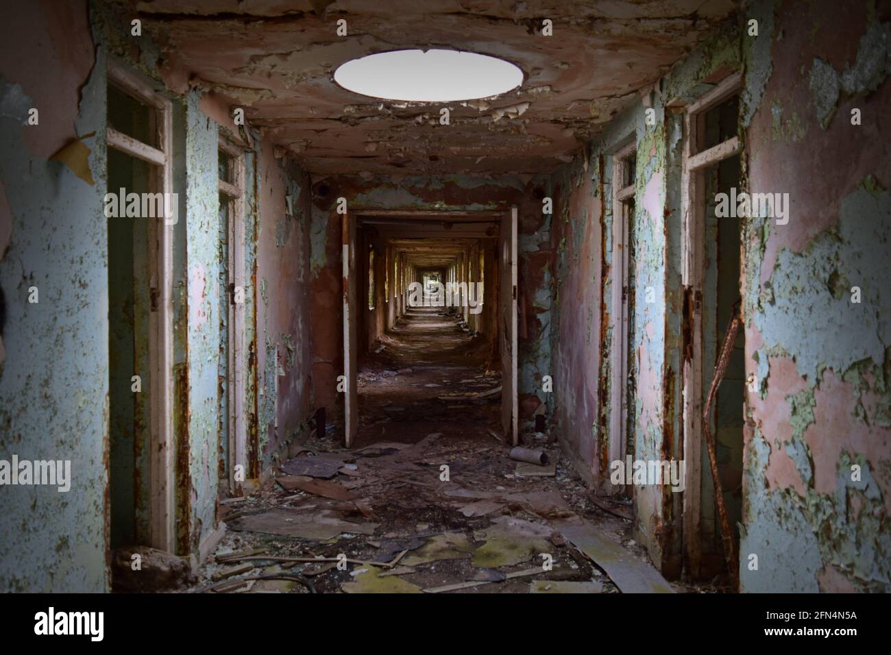 Corridor to Surgery in an abandoned RAF Hospital Stock Photo
