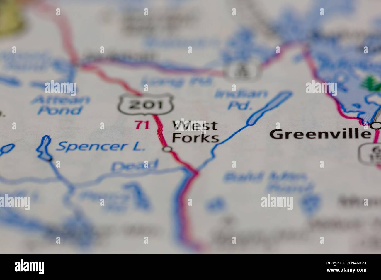 West Forks Maine USA shown on a Geography map or road map Stock Photo