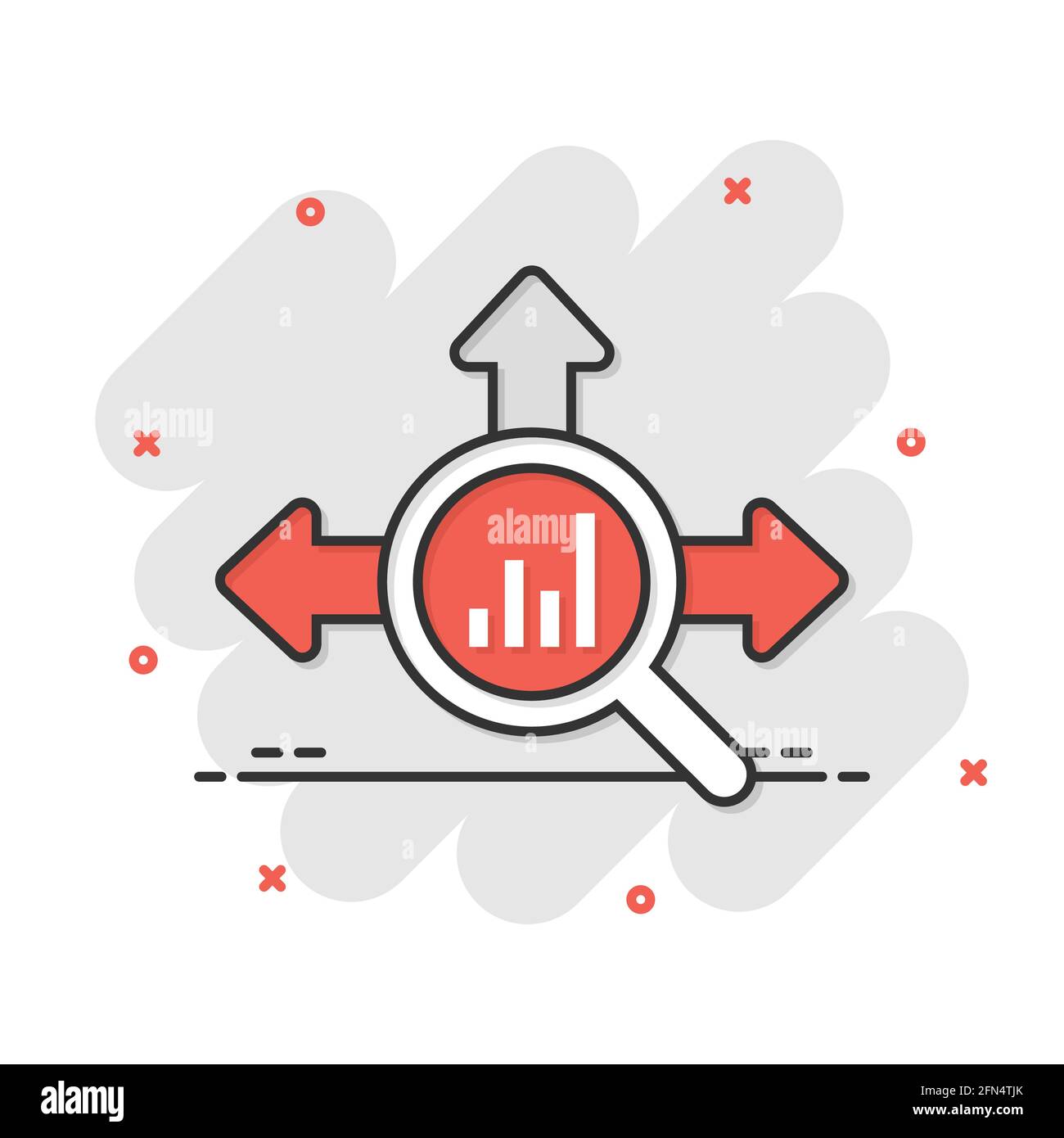 Market trend icon in comic style. Growth arrow with magnifier cartoon ...