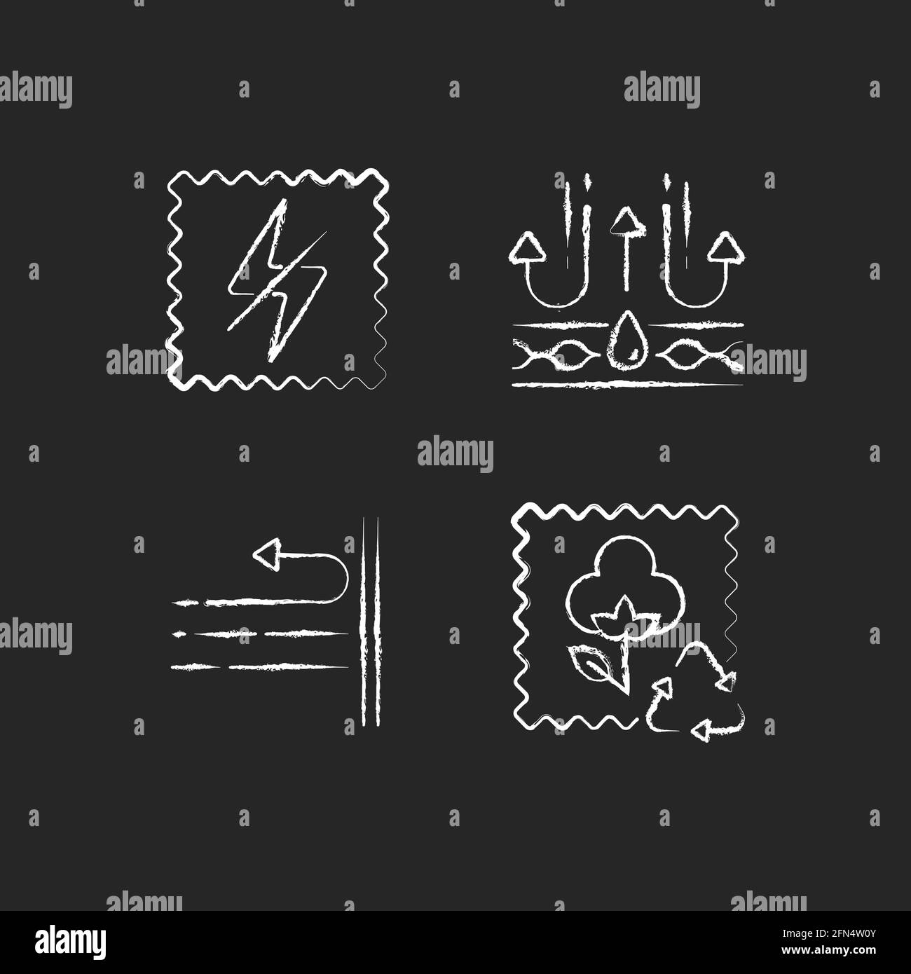 Different fabric features chalk white icons set on black background Stock Vector