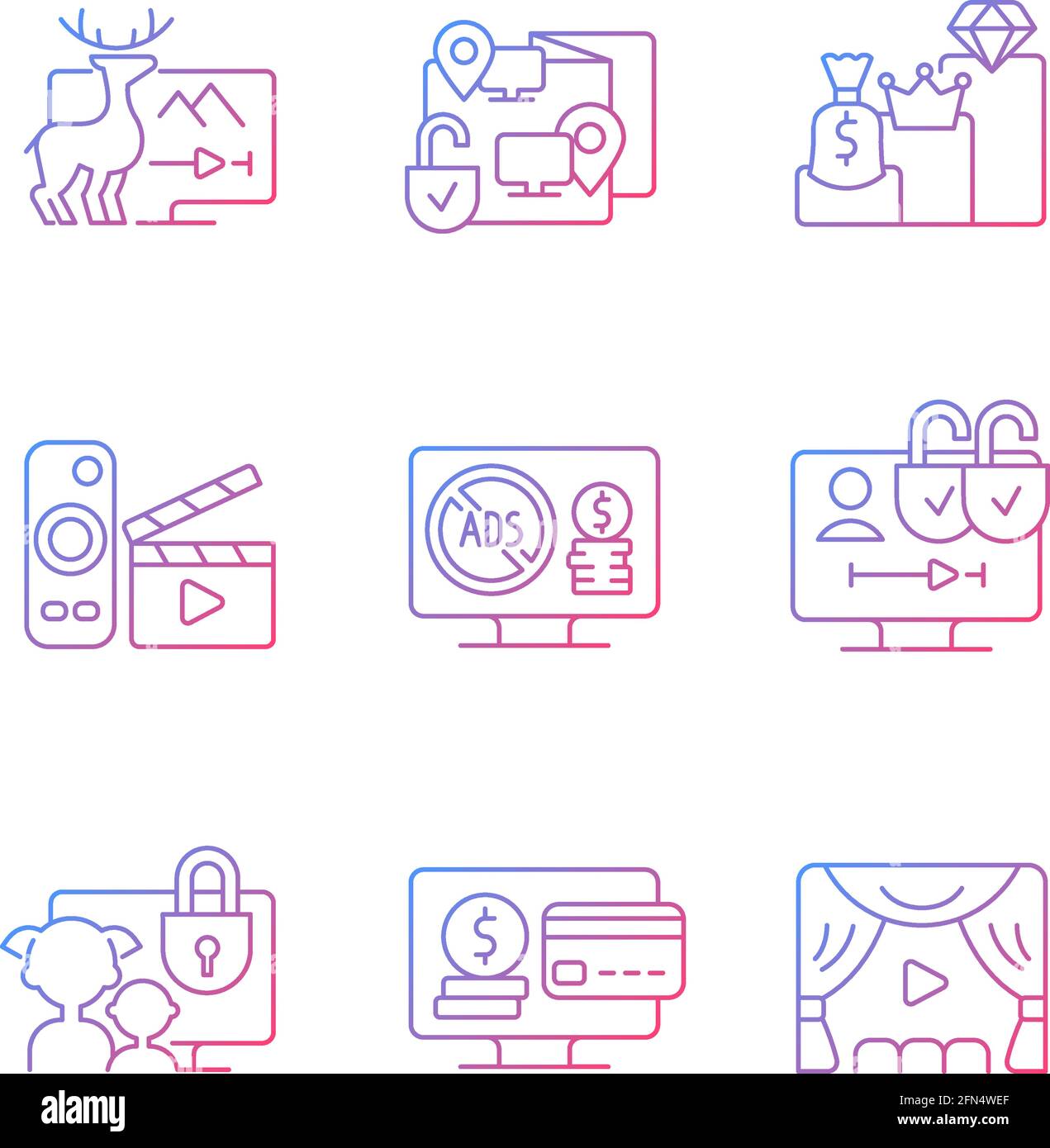 Broadcasting services gradient linear vector icons set Stock Vector