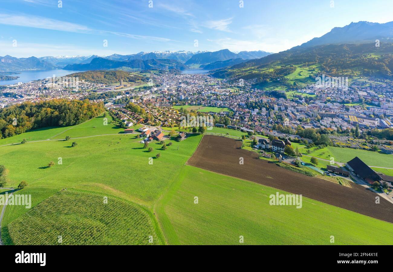 Kriens village, canton of Lucerne. Switzerland. Pilatus peak. Aerial view. City skyline and village landscape Stock Photo