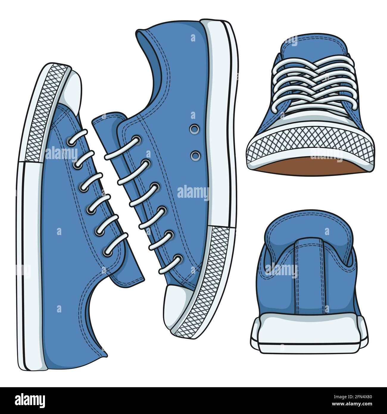 Set of vector illustrations with colored sneakers. Isolated objects on white. Stock Vector