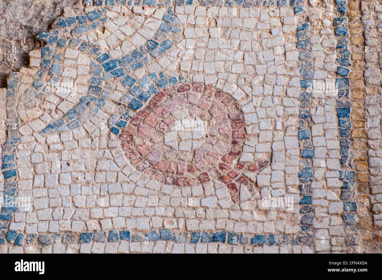 Pomegranate fruit mosaic floor design in the Nile House at Zippori National Park The city of Zippori (Sepphoris) A Roman Byzantine period city with an Stock Photo