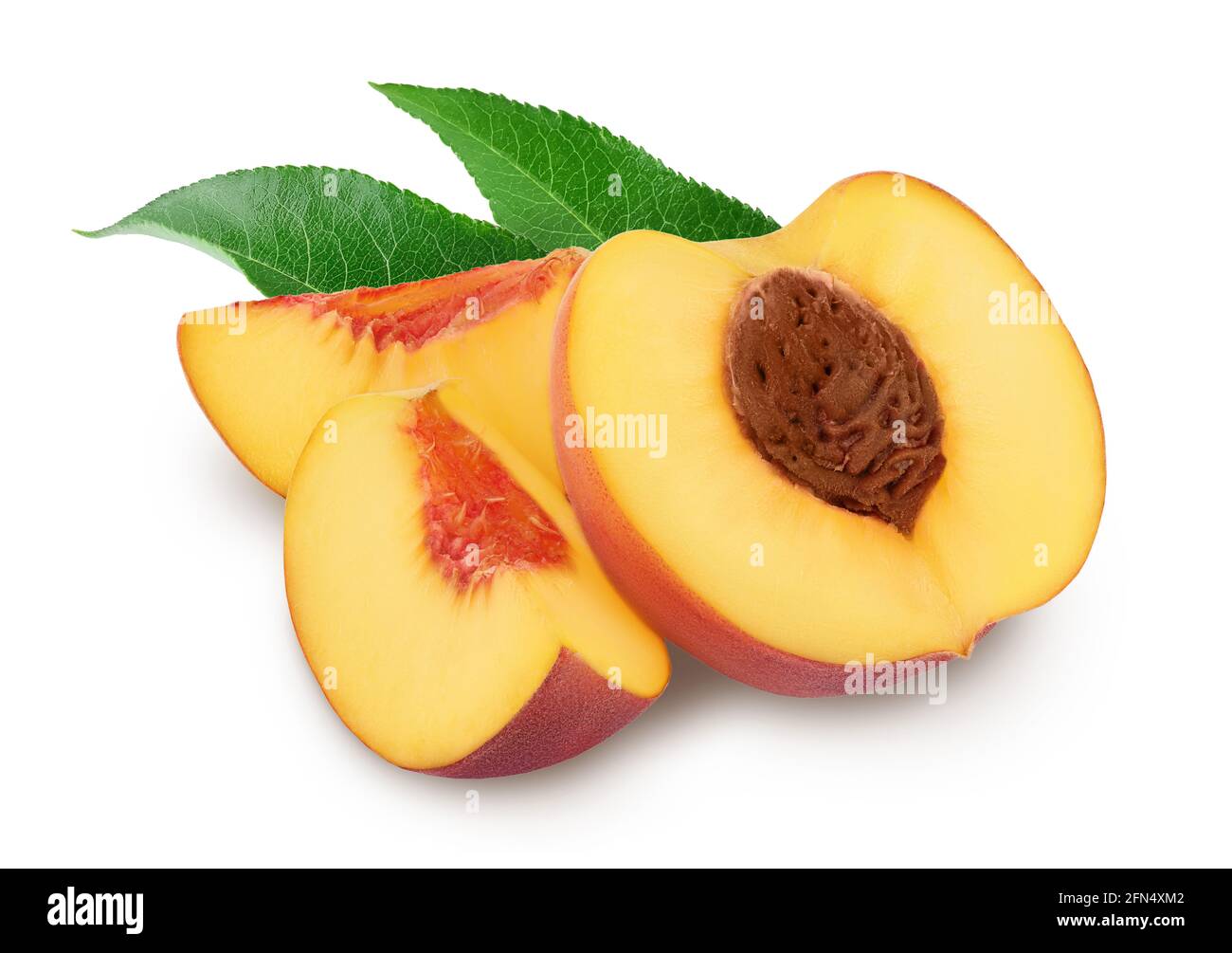 Ripe peach fruit half with slices isolated on white background with ...