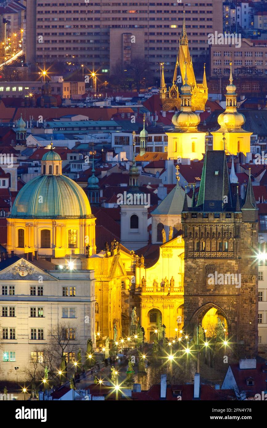 Prague, Czechia - Spires and churches of Old town at dusk. Stock Photo