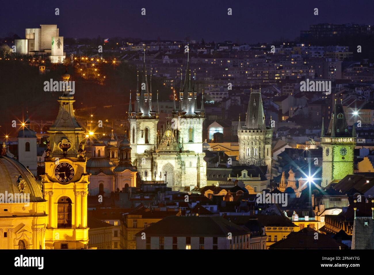 Prague, Czechia - Spires and churches of Old town at dusk. Stock Photo