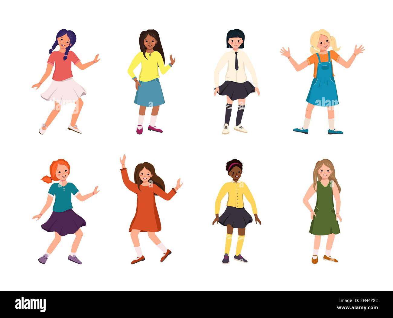 Girls or teenagers different nationalities, with dark, red and blond hair. Happy children with faces and smiles in shirts, skirts and dresses. Black Stock Vector