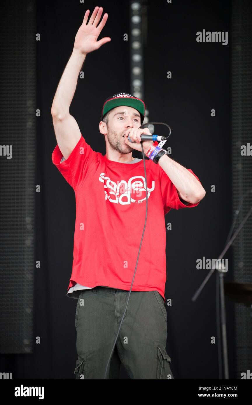 Rapper, Solareye (Dave 'Solareye' Hook) of Scottish hip-hop band, Stanley Odd performing at the Greenbelt festival, UK. July 25, 2012 Stock Photo