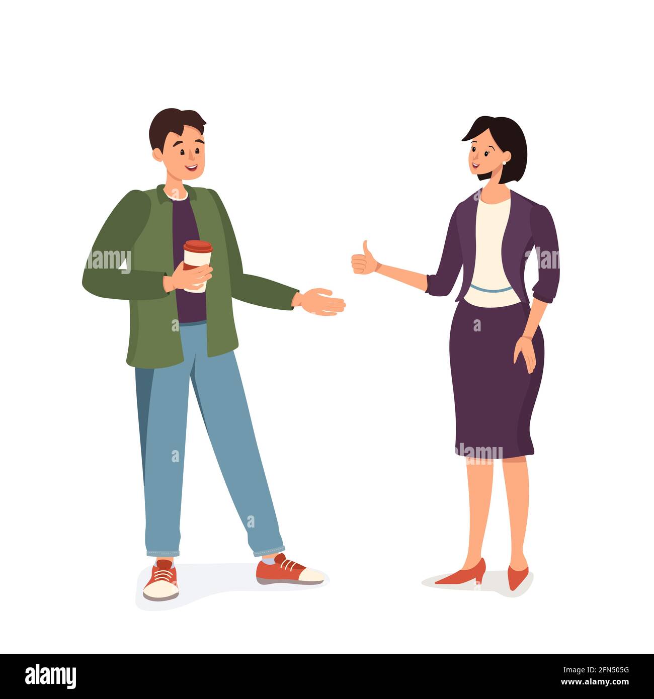 A man with a cup of coffee and a woman in a suit are talking. Working or friendly meeting. Happy people communicate and encourage each other Stock Vector