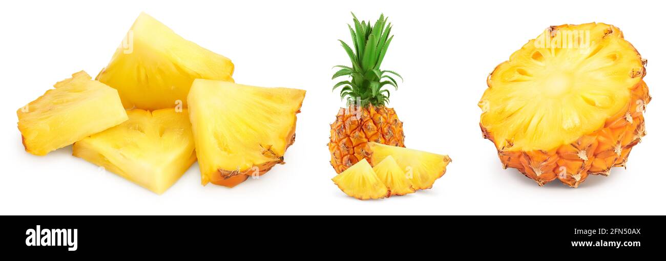 pineapple half and slices isolated on white background with full depth ...