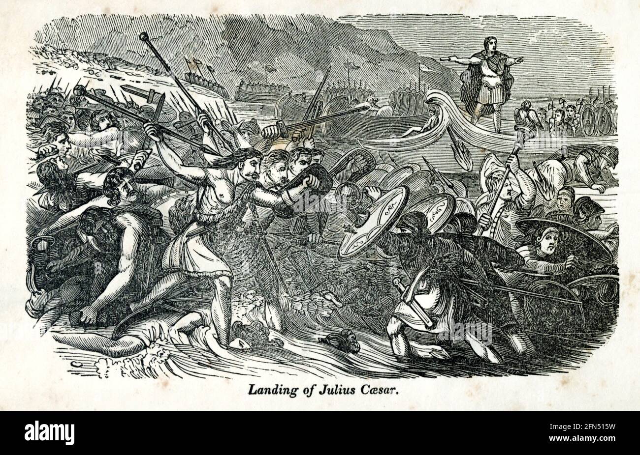 Landing of Julius Caesar from the book History of England : with separate historical sketches of Scotland, Wales, and Ireland; from the invasion of Julius Cæsar until the accession of Queen Victoria to the British throne. By Russell, John, A. M., Published in Philadelphia by Hogan & Thompso in 1844 Stock Photo