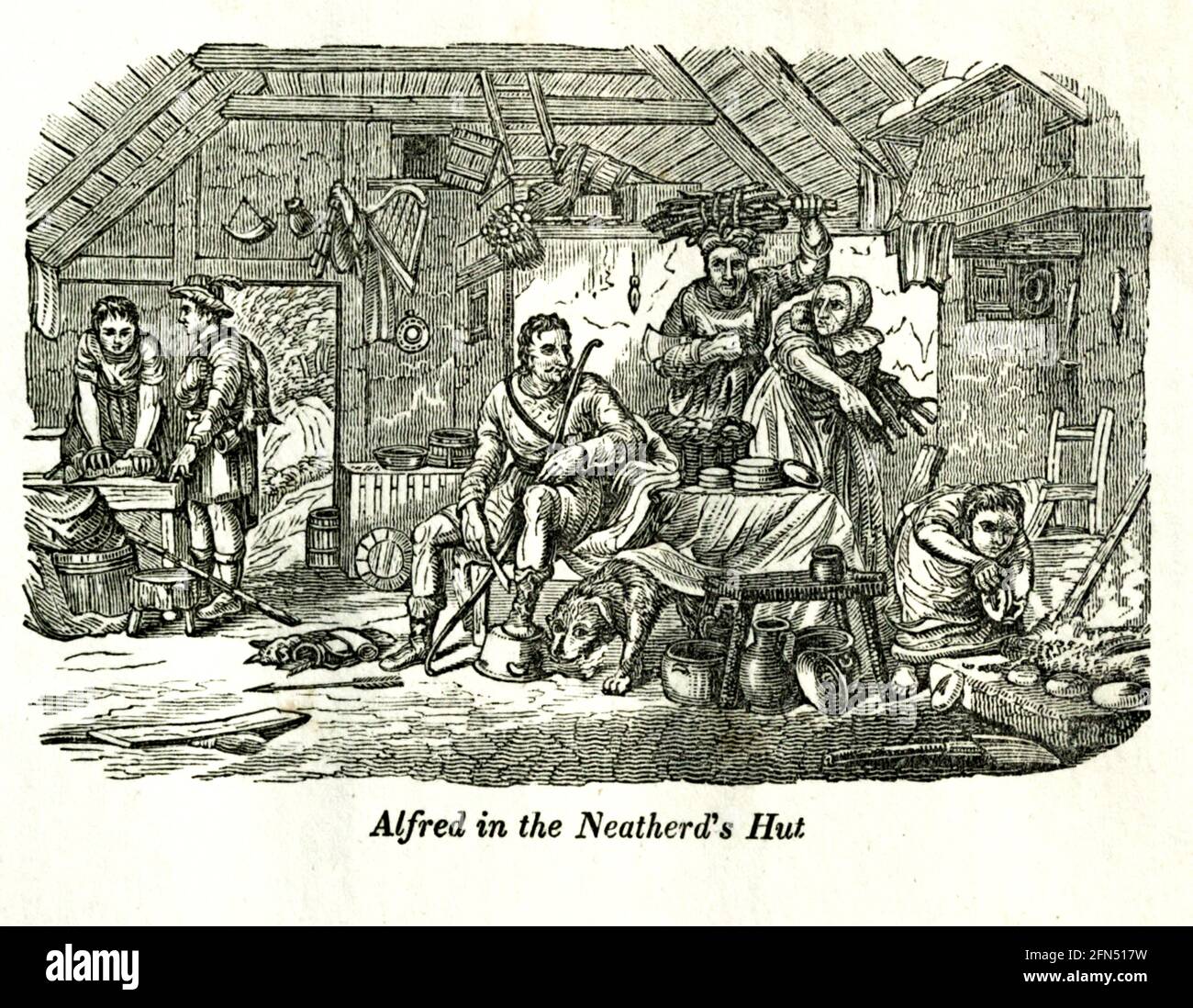 Alfred in the Neatherd's hut from the book History of England : with separate historical sketches of Scotland, Wales, and Ireland; from the invasion of Julius Cæsar until the accession of Queen Victoria to the British throne. By Russell, John, A. M., Published in Philadelphia by Hogan & Thompso in 1844 Stock Photo