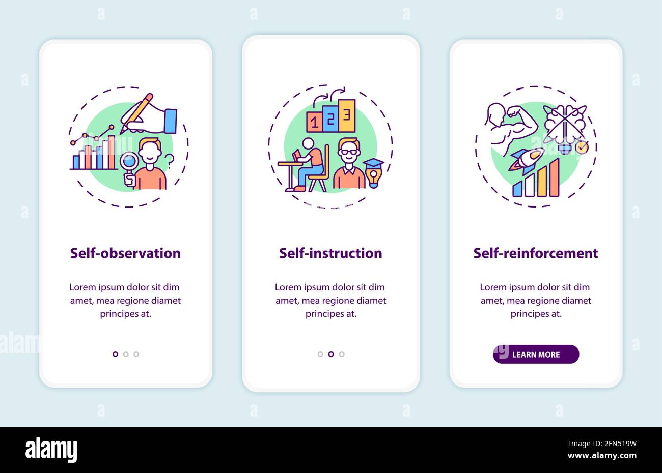 Self-control techniques onboarding mobile app page screen with concepts Stock Vector
