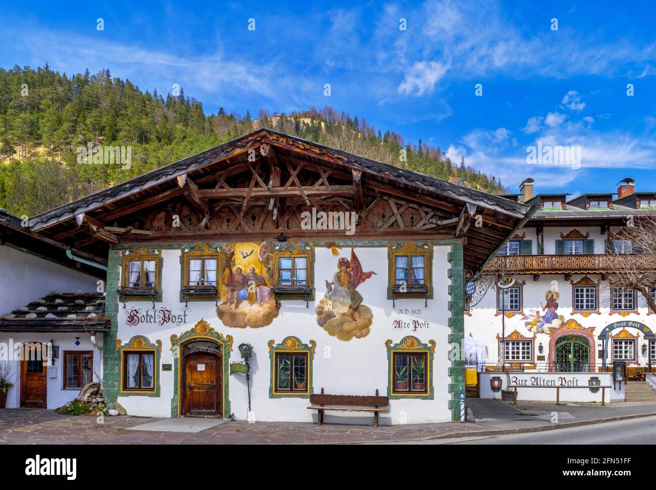 Mural painting, Hotel zur Post, Wallgau, Werdenfelser Land, Upper Bavaria, Bavaria, Germany, Europe Stock Photo