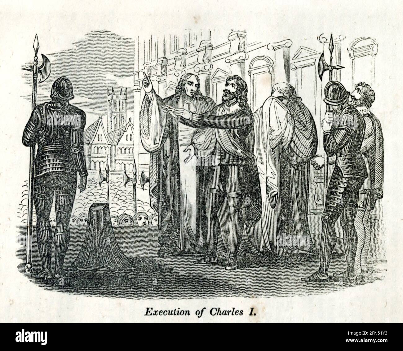 Execution of Charles I from the book History of England : with separate historical sketches of Scotland, Wales, and Ireland; from the invasion of Julius Cæsar until the accession of Queen Victoria to the British throne. By Russell, John, A. M., Published in Philadelphia by Hogan & Thompso in 1844 Stock Photo