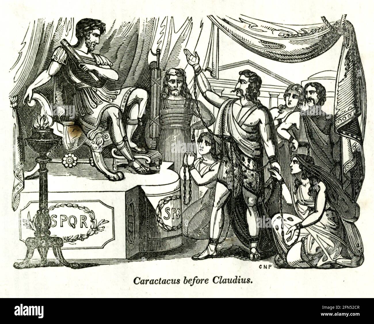 Caractacus before Claudius [Caractacus was a 1st-century AD British chieftain of the Catuvellauni tribe, who resisted the Roman conquest of Britain]. from the book History of England : with separate historical sketches of Scotland, Wales, and Ireland; from the invasion of Julius Cæsar until the accession of Queen Victoria to the British throne. By Russell, John, A. M., Published in Philadelphia by Hogan & Thompso in 1844 Stock Photo
