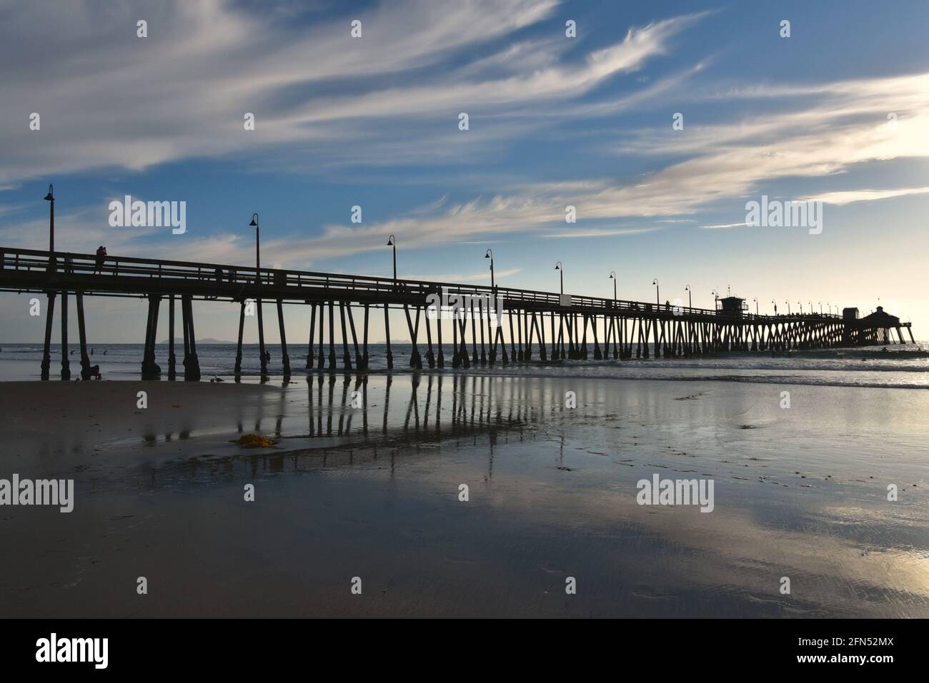 Cloudy day seascape with panoramic view of Imperial Beach Pier and the