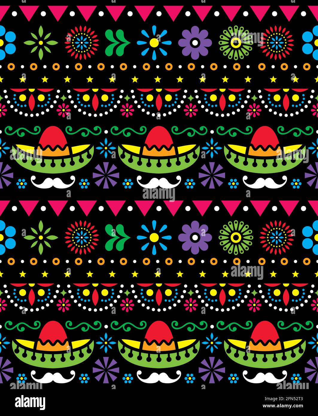 Mexican hat - sombrero and long mustache seamless vector floral pattern - textile, colorful design on black background Stock Vector