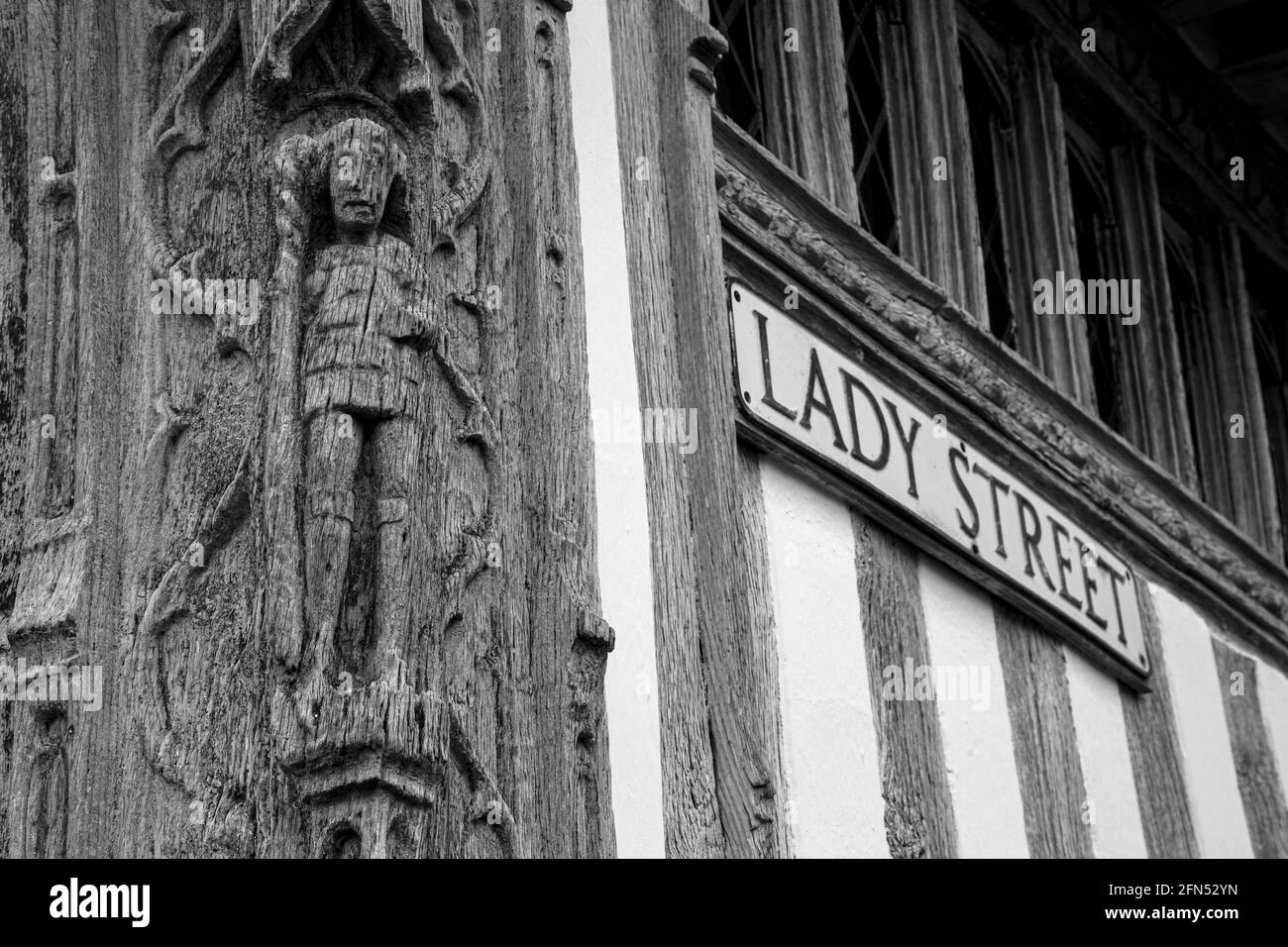 Lady Street sign on the side of the Guildhall building in Lavenham, Suffolk. Medieval timbered architecture. Stock Photo