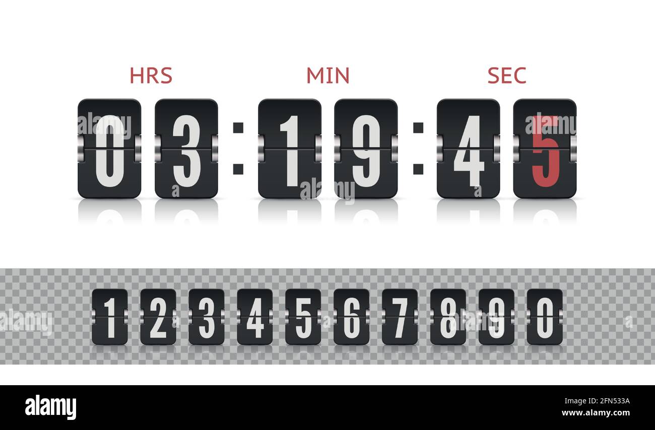 https://c8.alamy.com/comp/2FN533A/scoreboard-number-font-with-reflections-isolated-on-white-background-vintage-flip-clock-time-counter-vector-template-analog-airport-board-countdown-timer-with-hour-and-minute-flip-number-2FN533A.jpg