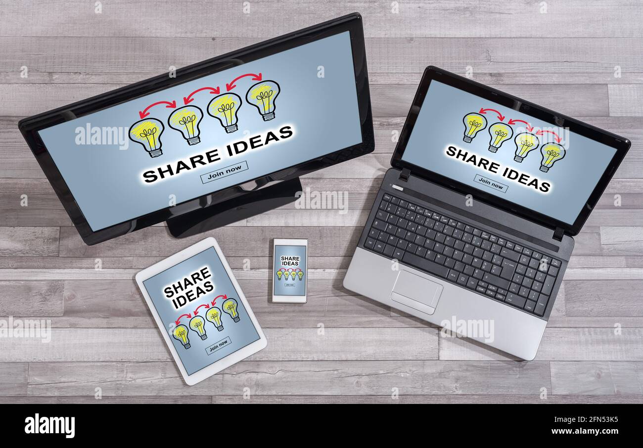 Share ideas concept shown on different information technology devices Stock Photo
