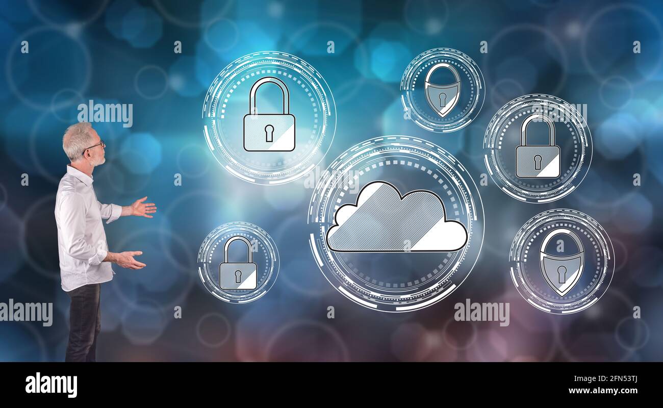 Businessman showing a cloud security concept on a wall screen Stock ...