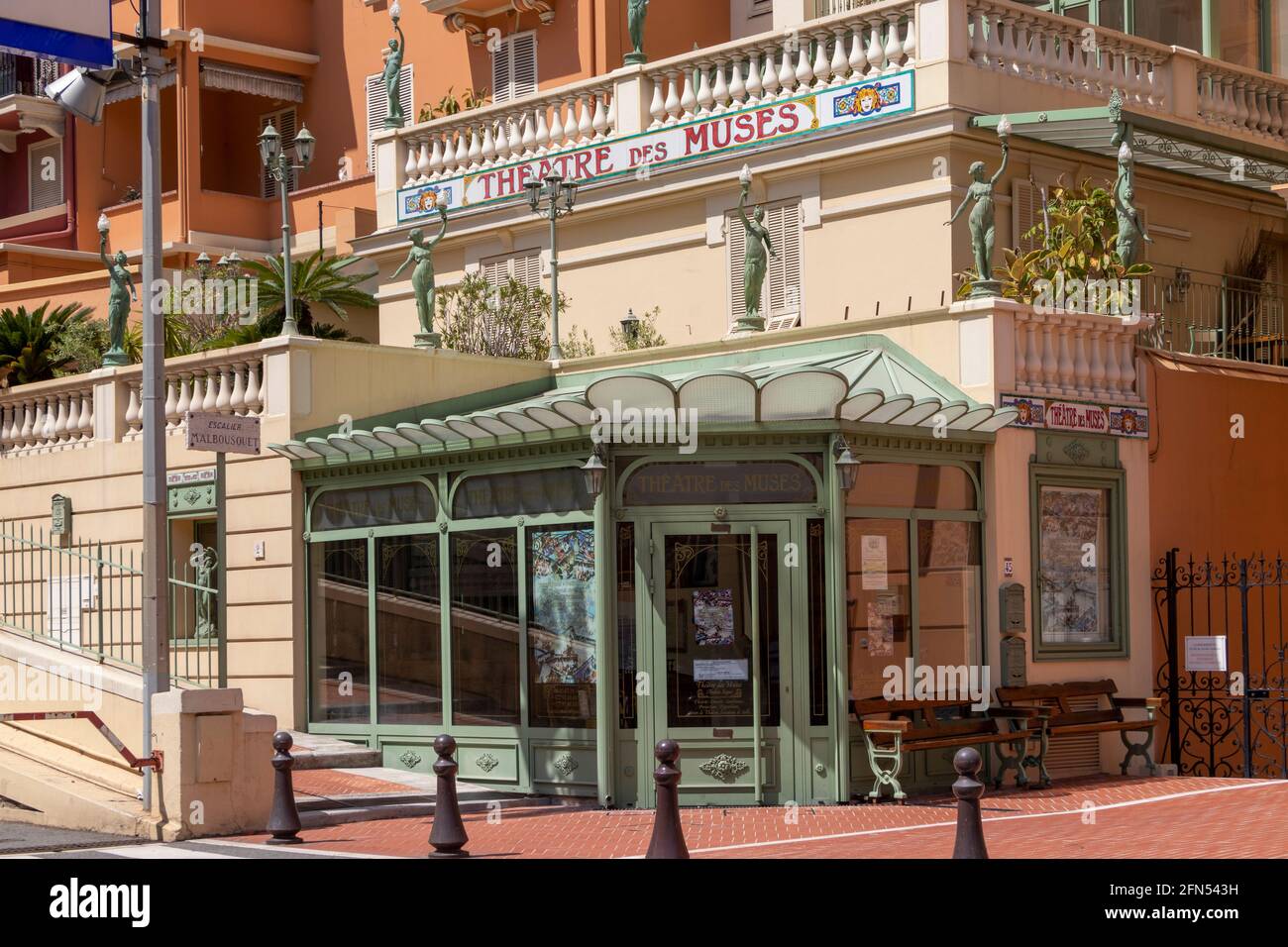 The 1930 art nouveaux Théâtre des Muses is a theatre in Monaco, on the Boulevard du Jardin Exotique in the Moneghetti area. Rededicated in 2012. Stock Photo