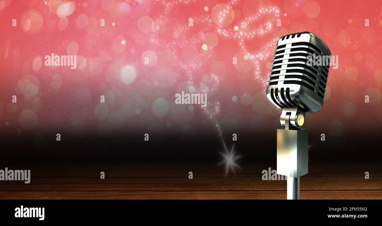 Vintage microphone on a stand over red sparkling background, performance  and holiday concepts Stock Photo - Alamy