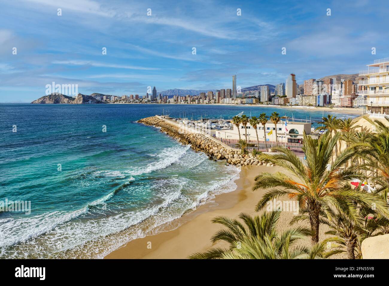 Panoramic view of the Playa de Poniente in Benidorm, famous resort city in the Mediterranean coast of Spain Stock Photo