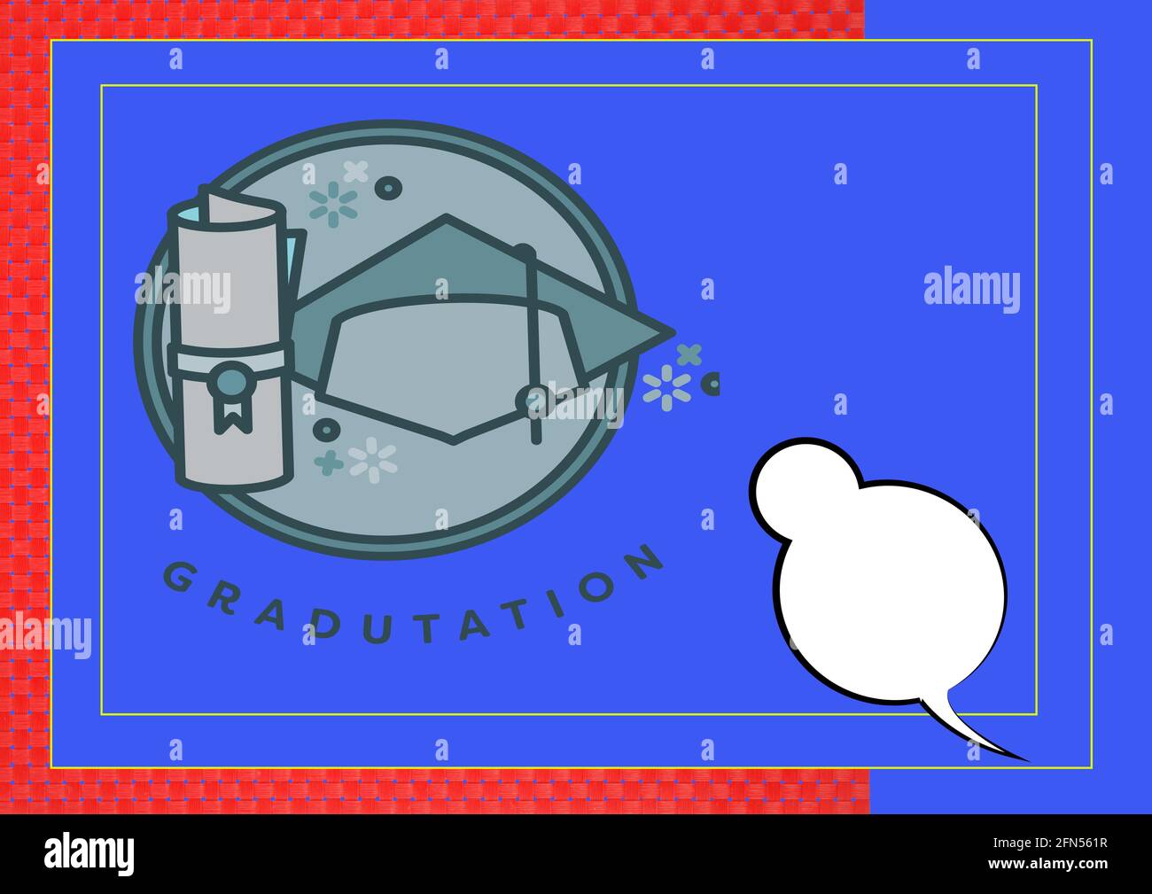 Composition of graduation hat and certificate with speech bubble in ...