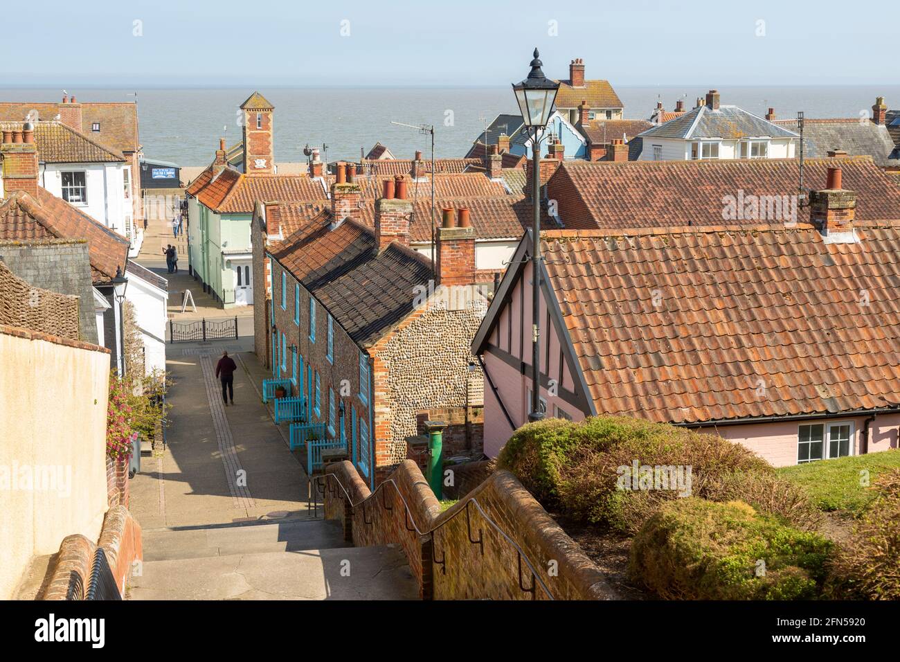 Town rooftops from Town Steps view out to North Sea, Aldeburgh, Suffolk, England, UK Stock Photo