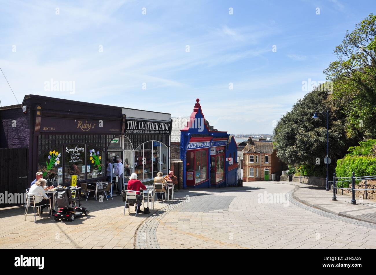 Restaurant and shops at the top of Bent Hill, Felixstowe, Suffolk, England, UK Stock Photo