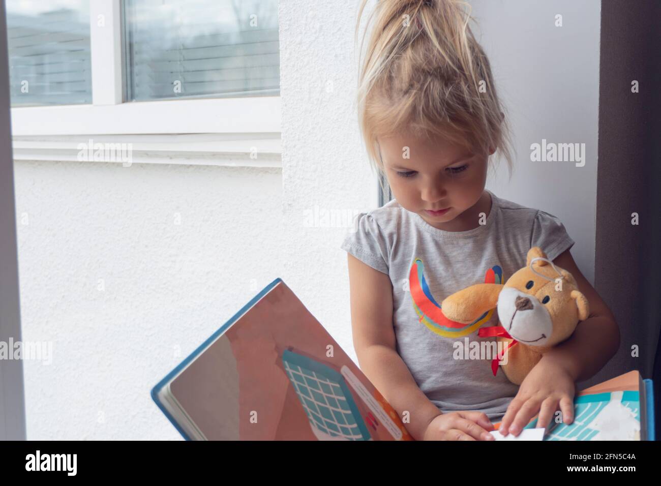 Cute little caucasian child sits near window and reads book Stock Photo ...