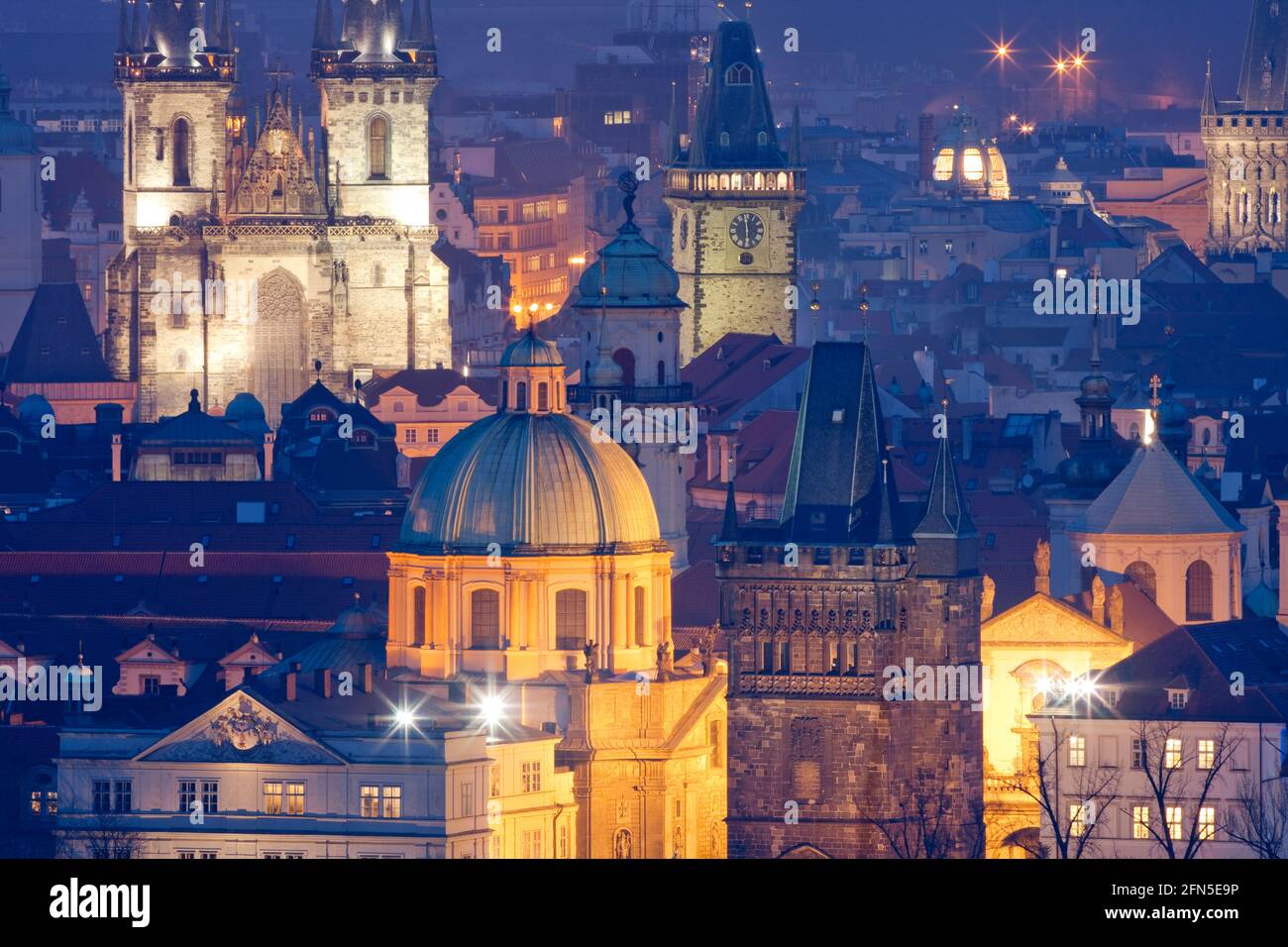 Prague, Czechia - Spires and churches of Old town at dusk. Stock Photo