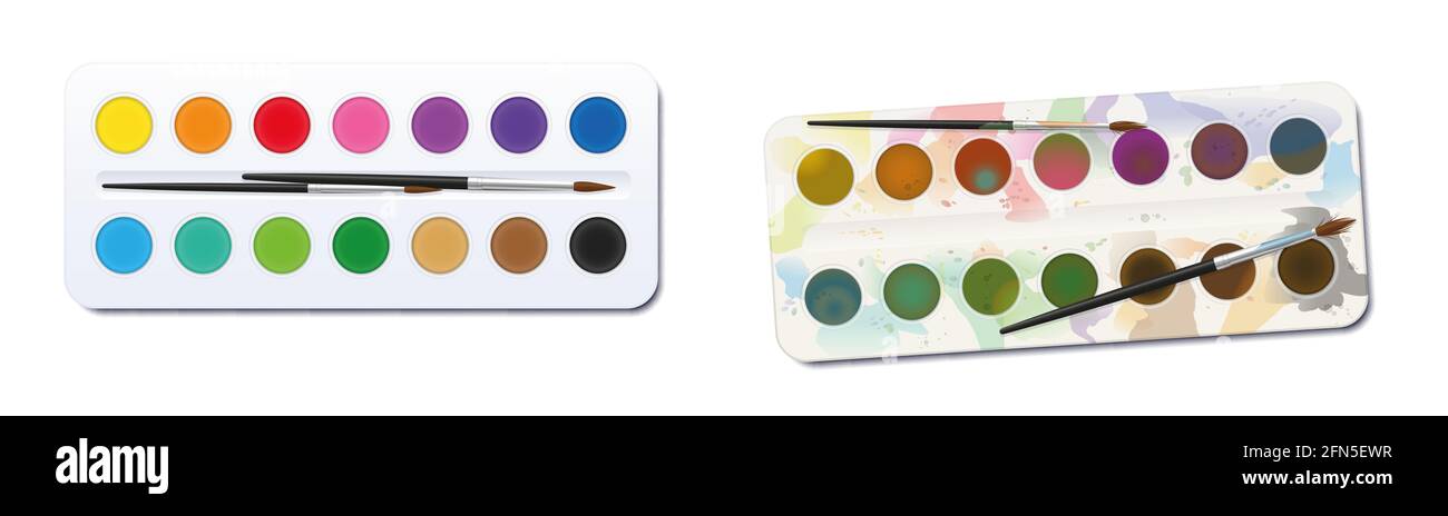 Watercolor paint boxes - unused, clean, neat, new - used, spotty, blotchy, soiled, dirty. Before after comparison - illustration on white background. Stock Photo