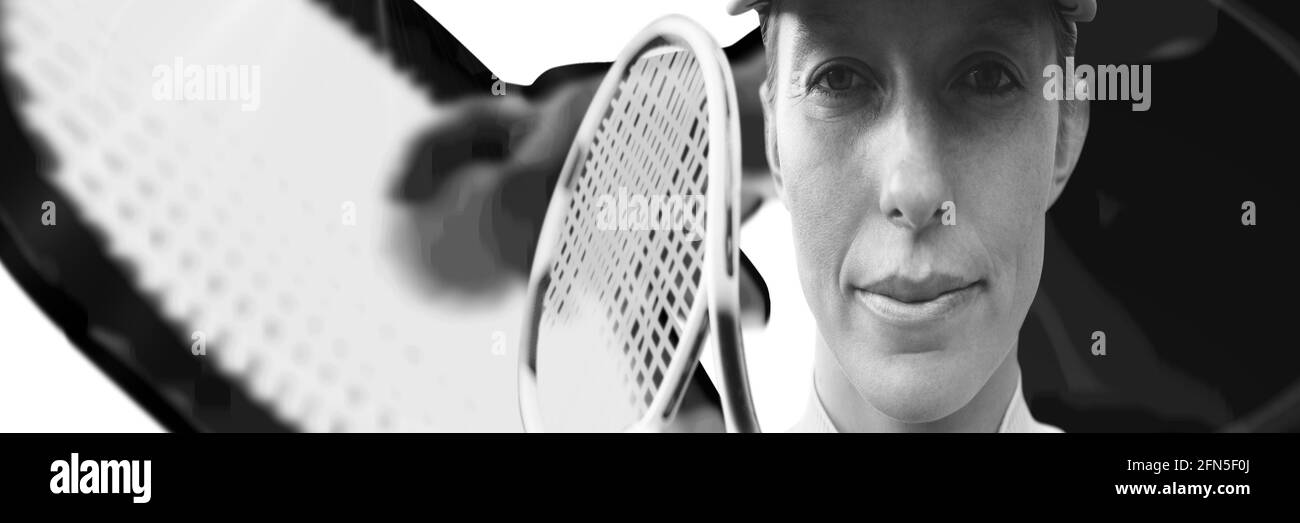 Composition of portrait of woman playing tennis in black and white ...
