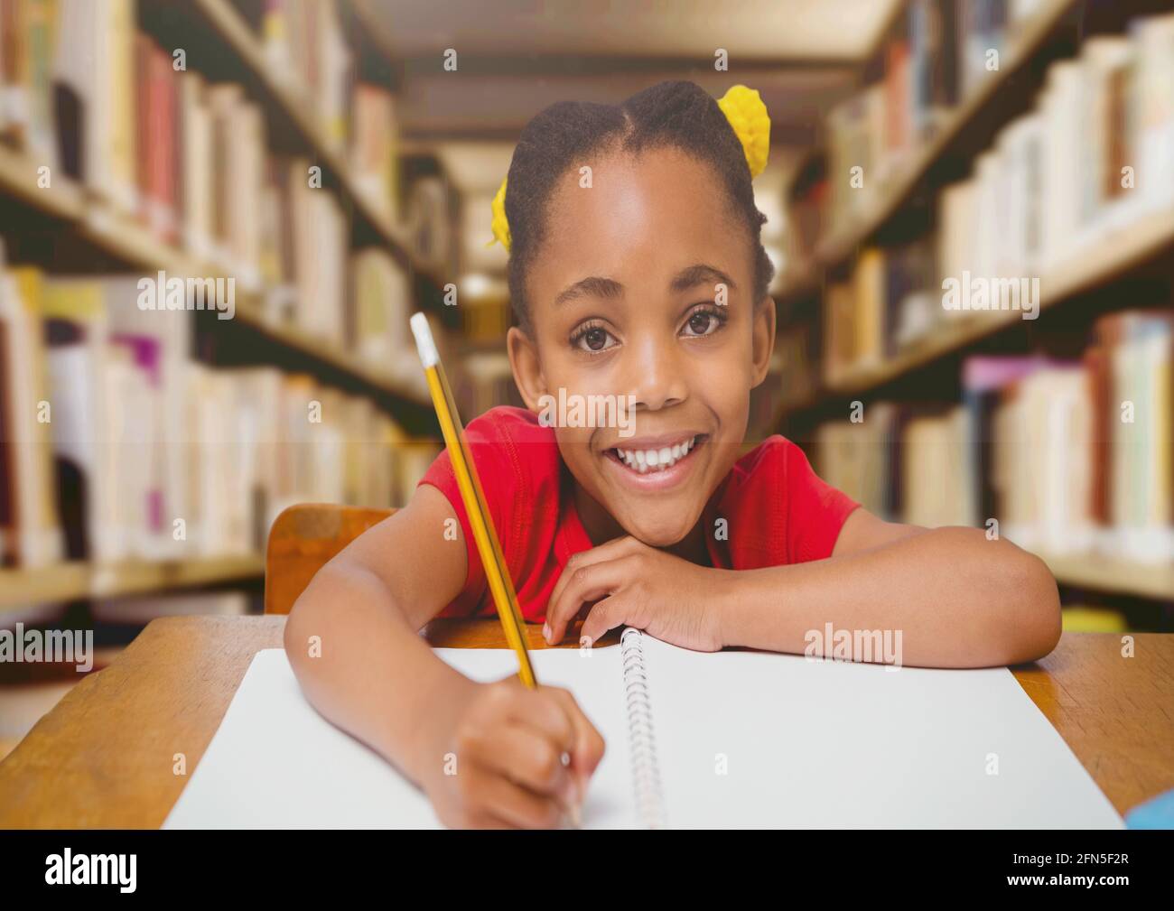 Composition of portrait of smiling african american schoolgirl in ...