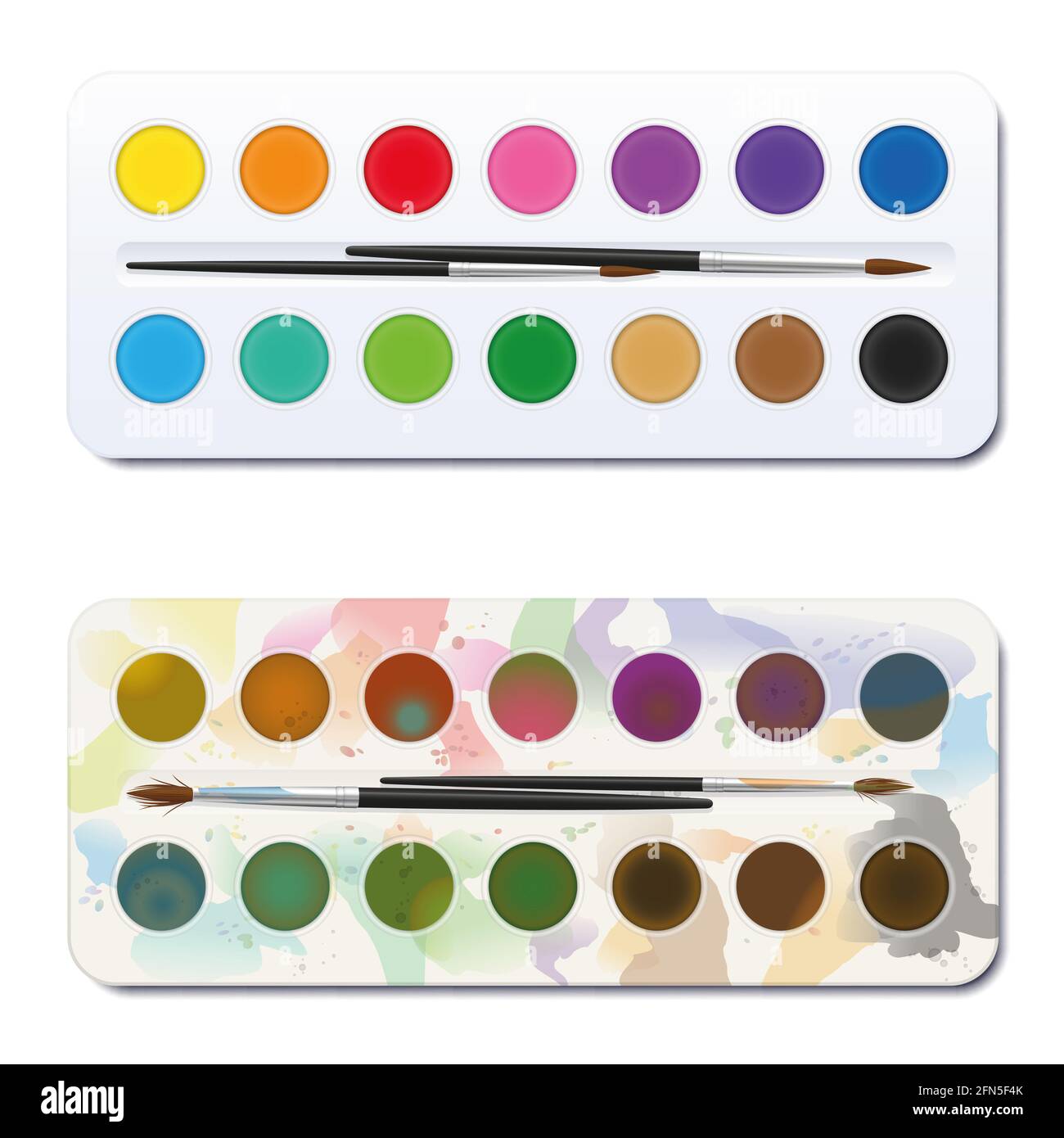 New and used watercolor paint box - unused, clean, neat, new - used, spotty, blotchy, soiled, dirty. Before after comparison. Stock Photo