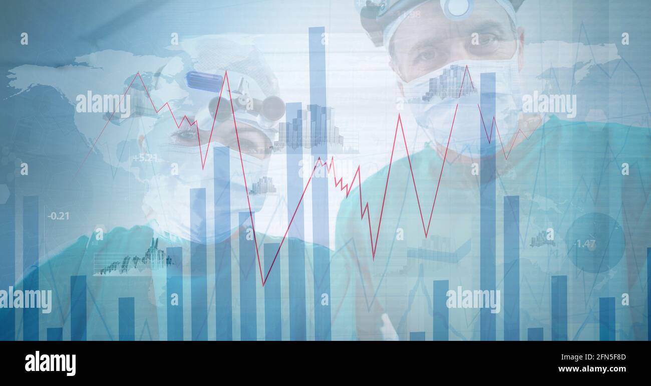 Composition of covid 19 medical statistics over surgeons in face masks in background Stock Photo