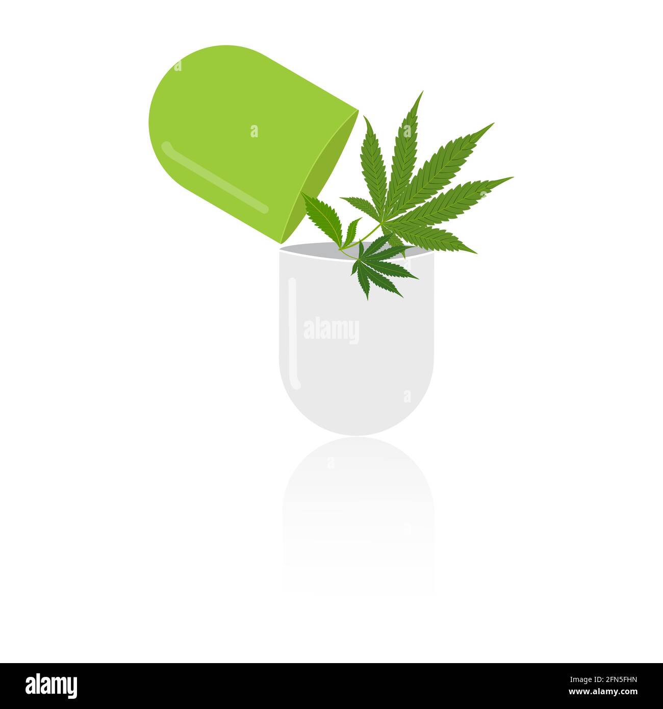 CBD capsules and green medical marijuana leaves isolated on white background. Healthy Hemp, cannabis, vector illustration. Stock Vector