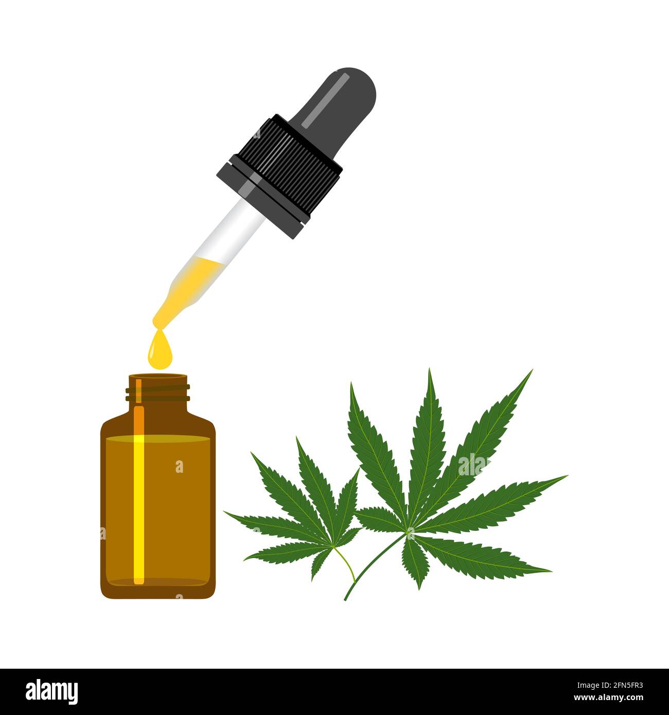 Cannabis oil bottle and green medical marijuana leaves isolated on white background. Healthy Hemp, CBD oil, vector illustration. Stock Vector