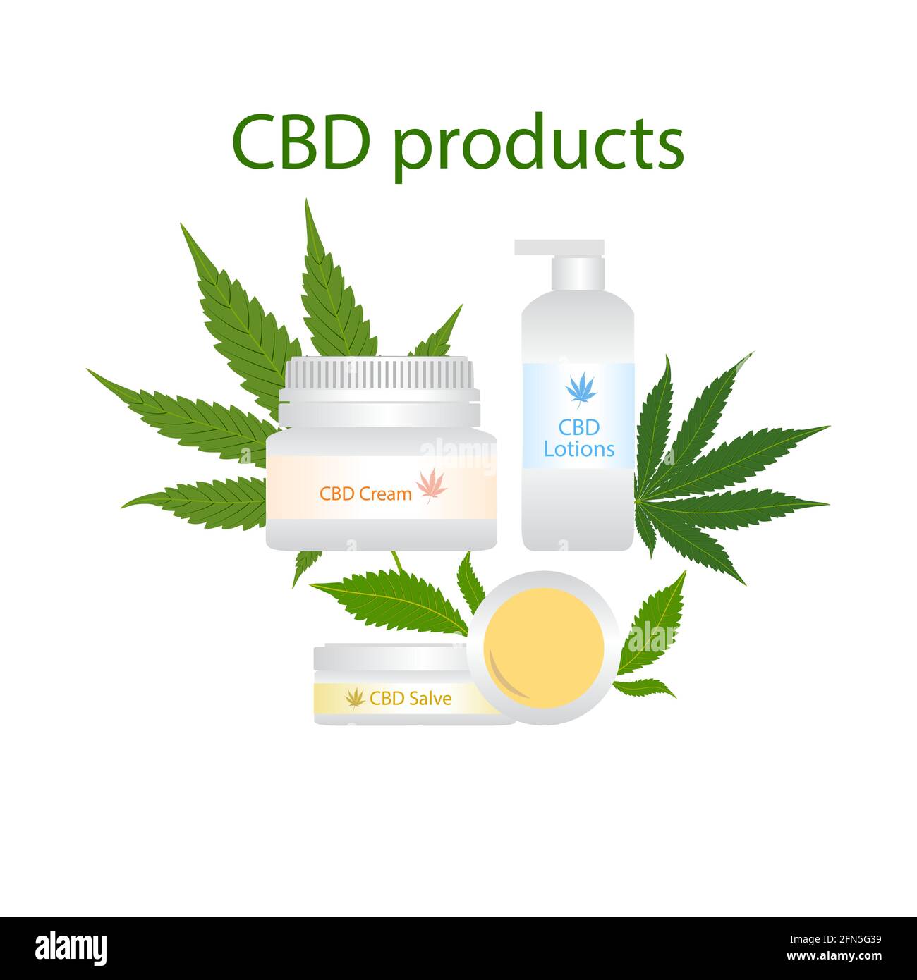 CBD products cream, salve, lotion with green medical marijuana leaves isolated on white background. Healthy Hemp, cannabis, vector illustration. Stock Vector